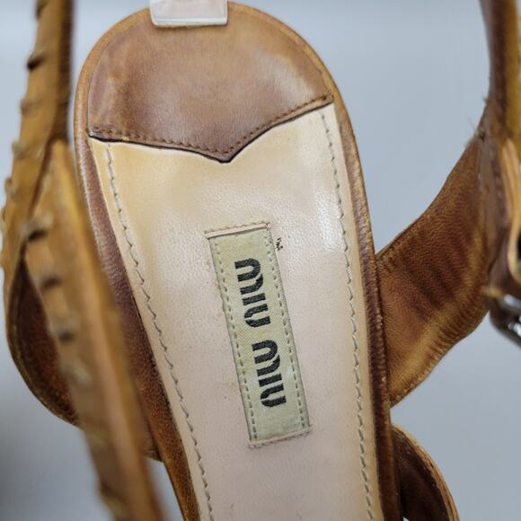 VTG Miu Miu Stilettos Leather Cognac Brown Open Toe Slingback Strappy Heels 10 - Picture 9 of 16
